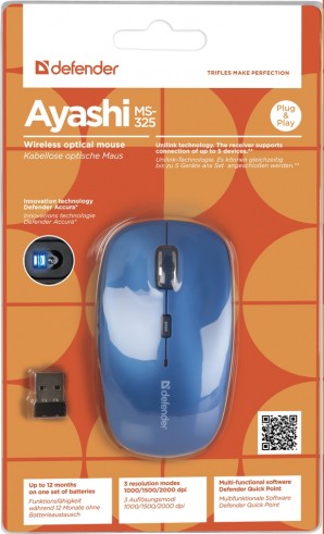 Мышь беспроводная Defender Ayashi MS-325 синий,6 кнопок,1000-2000 dpi фото №1165