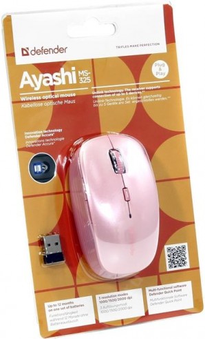 Мышь беспроводная Defender Ayashi MS-325 розовый,6 кнопок,1000-2000 dpi фото №1211
