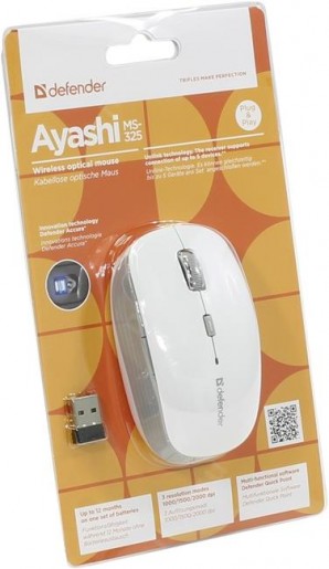 Мышь беспроводная Defender Ayashi MS-325 белый,6 кнопок,1000-2000 dpi фото №1218
