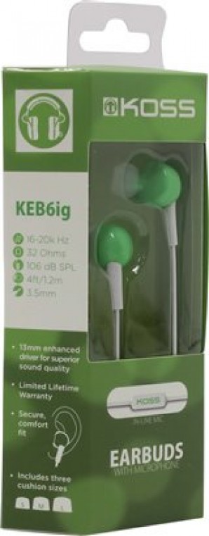 Гарнитура KOSS KEB6i G Green с наушниками вставками, част.диапазон 60-20000Гц, сопротивл.32Ом, чувствит.106дБ, шнур с микрофоном,цвет зеленый фото №3419