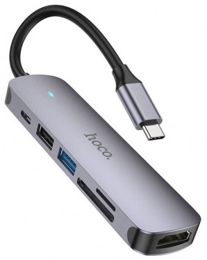 Разветвитель HOCO HB28, 6 Гнезд, PD, USB3.0, USB2.0, HDMI, TF, SD, цвет: серый фото №23207