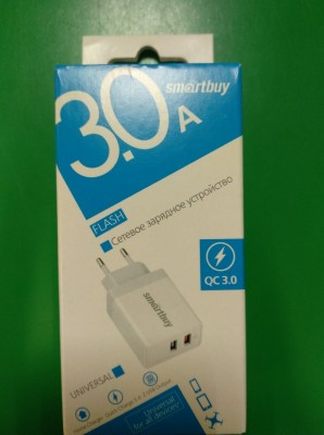 Адаптер питания SmartBuy® FLASH, QC3.0+2.4 А, белое, 2 USB (SBP-2022) фото №13872