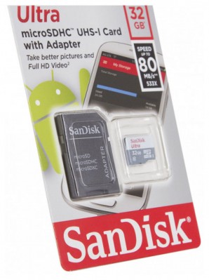 Память MicroSDHC 032Gb SanDisk Class10 UHS-I Ultra Android 80MB/s с ад. (SDSQUNS-032G-GN3MA) фото №14576