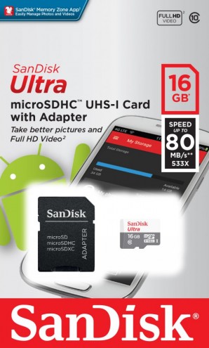 Память microSDHC 016Gb Sandisk Class10 UHS-I Ultra Android 80MB/s с ад. (SDSQUNS-016G-GN3MA) фото №14596