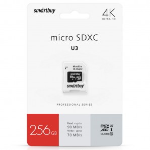 Память MicroSDXC 256GB Smart Buy Class 10 PRO U3 R/W:90/70 MB/s (с адаптером SD) фото №15125