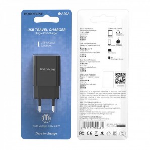 Адаптер питания Borofone, BA20A, 1 порт USB Sharp, 2100mA черный фото №18145