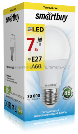 Светодиодная (LED) Лампа Smartbuy-A60-07W/3000/E27 фото №19089