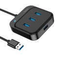 Разветвитель HOCO HB31, 4 гнезда, 3 USB 2.0 выхода, 1 USB 3.0 выход, кабель 0,2м, чёрный фото №22027