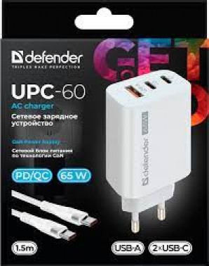 Адаптер питания DEFENDER UPС-60 65W, USB A+C+С, кабель Type-C фото №22330