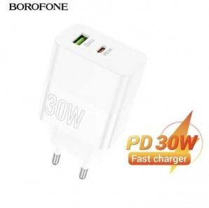 Адаптер питания Borofone, BA75A 1 USB, Type-C 30Вт, PD/ QC/ FCP/ AFC белый фото №22578